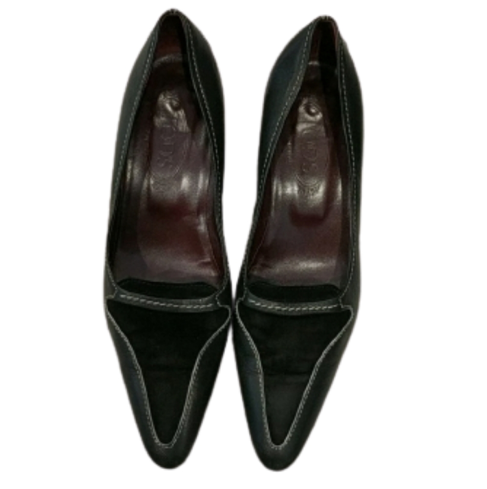 Tod's black suede and leather pointed toe heels